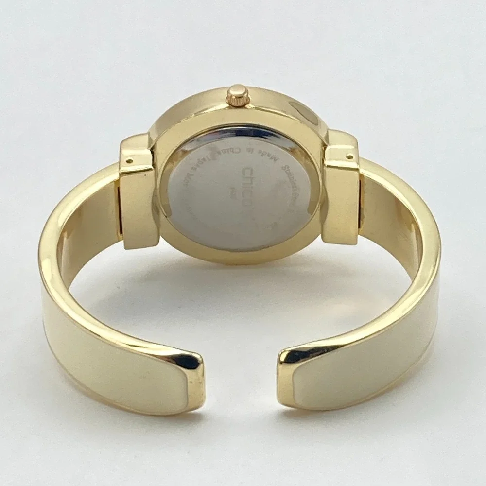 Chico's Womens Watch 35mm Gold Tone Cuff Cream Inlay Geometric New Battery 6.25